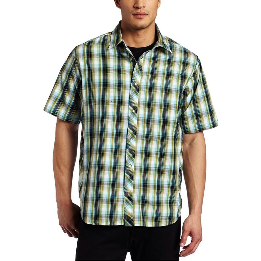 prAna Men's Milo Short Sleeve Shirt Green Plaid Pearl Snap Organic Cotton Large